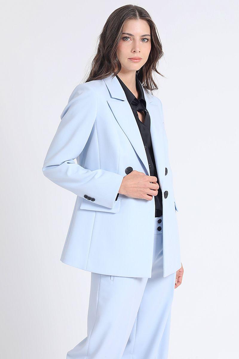Blazer Entallado Cruzado, Boton Contraste, Celeste Liola-3