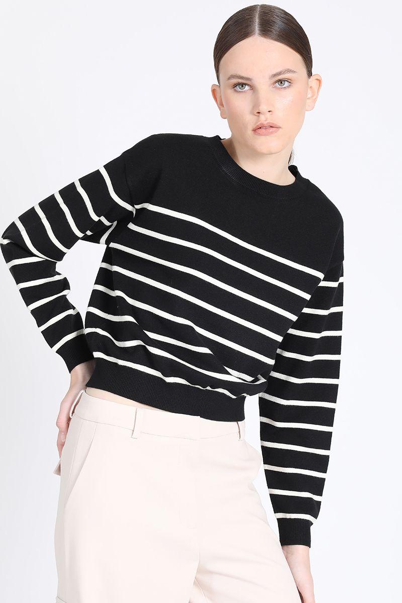 Tejido Punto Rayas Bicolor, Escote Redondo, Negro Liola-0