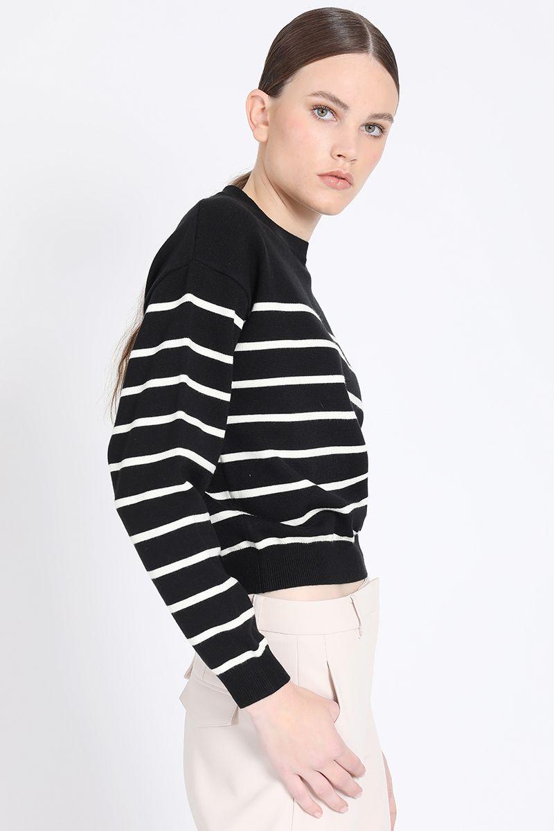 Tejido Punto Rayas Bicolor, Escote Redondo, Negro Liola-4