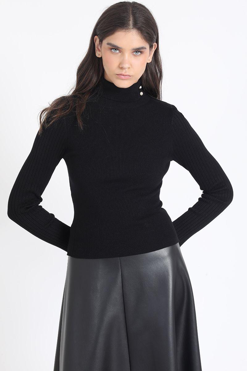 Sweater, Tejido Punto, Boton Decorativo, Negro Liola-2