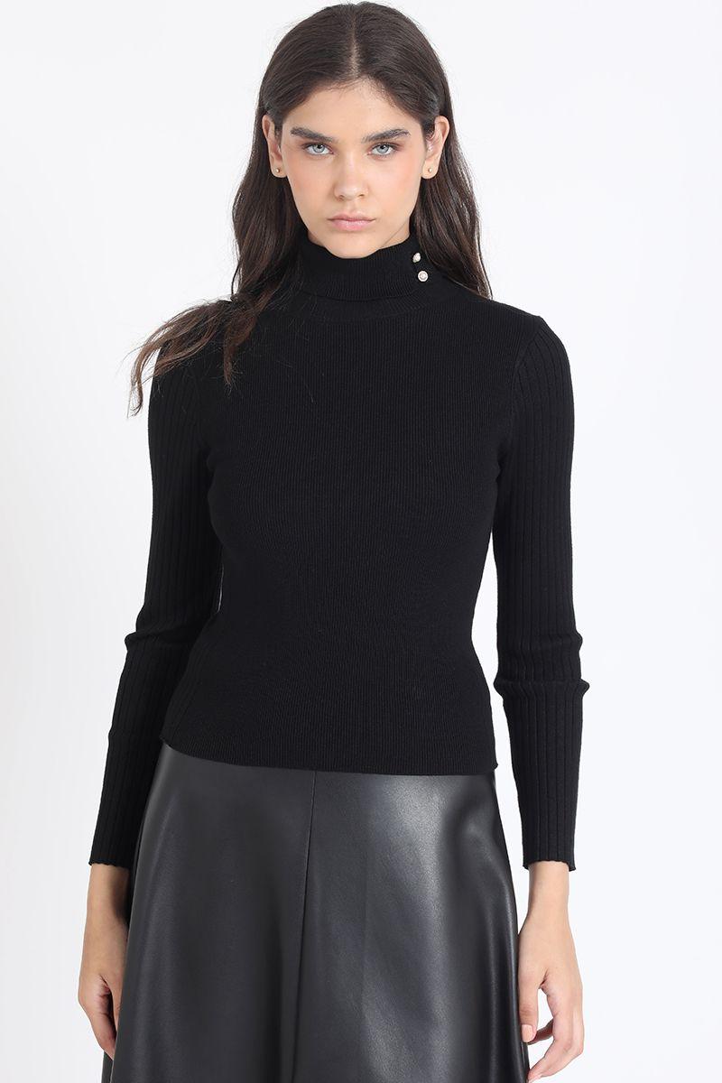 Sweater, Tejido Punto, Boton Decorativo, Negro Liola-4