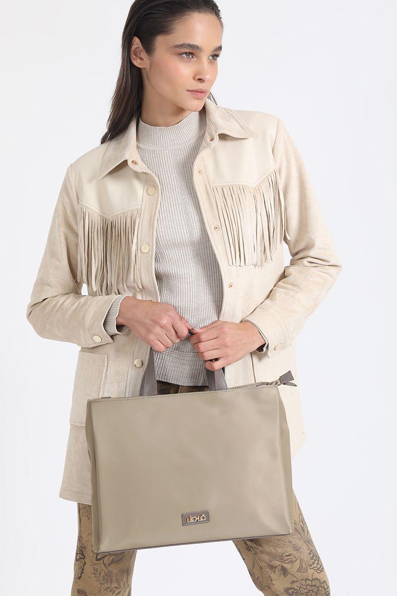 Bolso Laptop Aplicación Efecto Cuero Contratono, Beige Liola-4