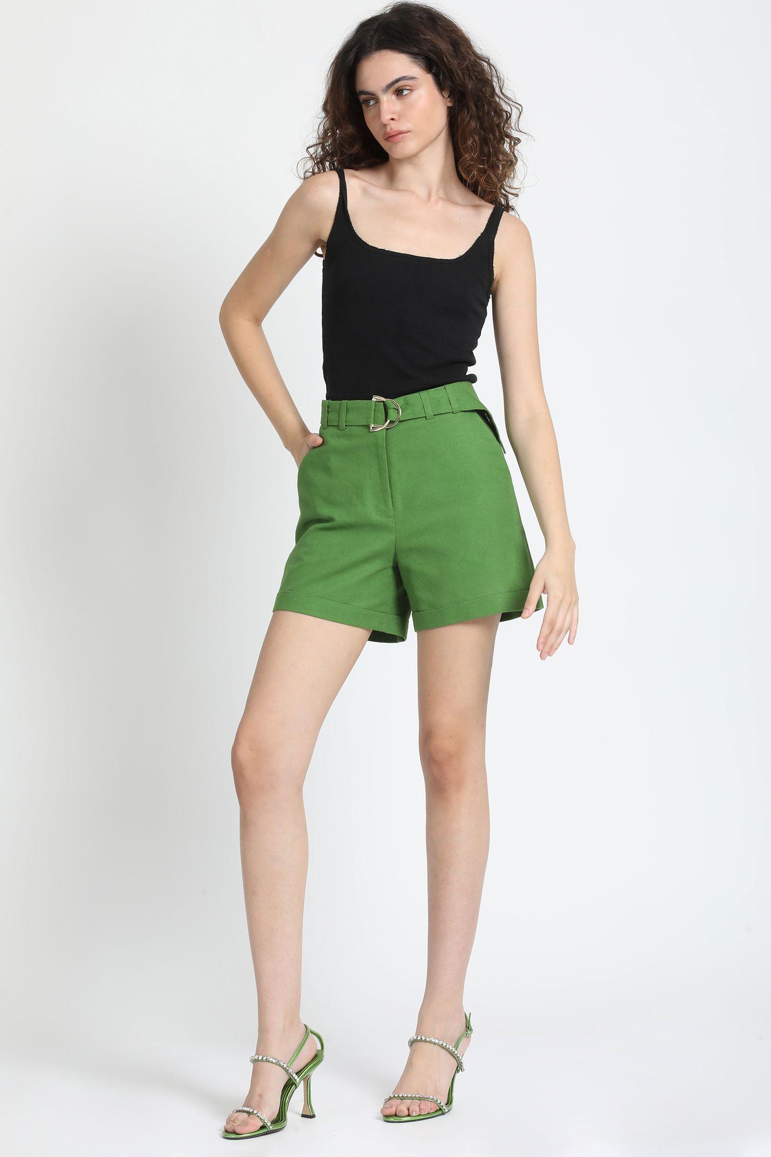 Short Con Cinturon Lino Algodón Verde Liola-2