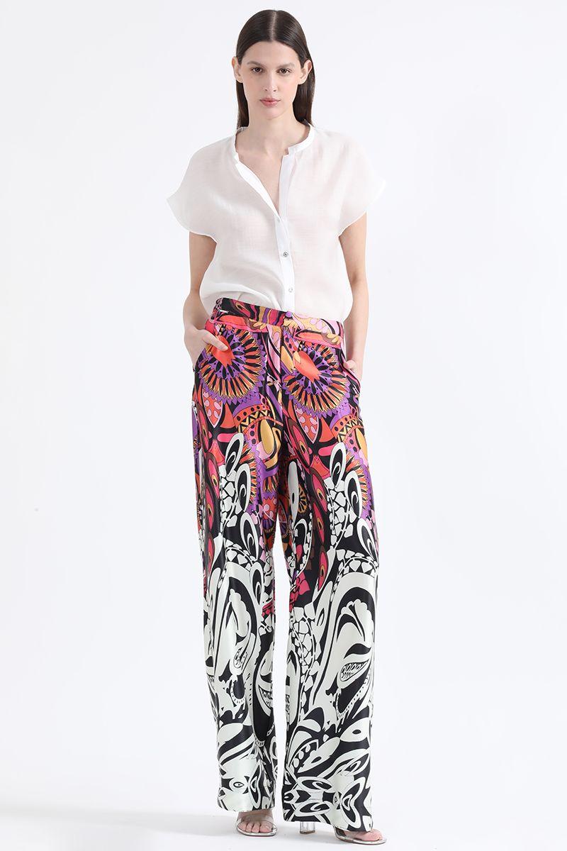 Pantalon Ancho Satin Estampado, Tiro Alto, Negro Liola-0