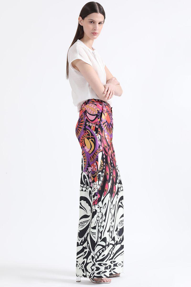 Pantalon Ancho Satin Estampado, Tiro Alto, Negro Liola-1