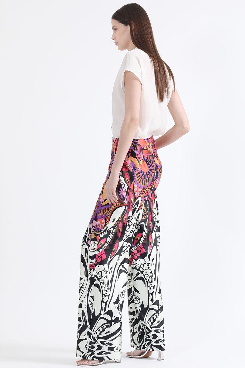 Pantalon Ancho Satin Estampado, Tiro Alto, Negro Liola-3