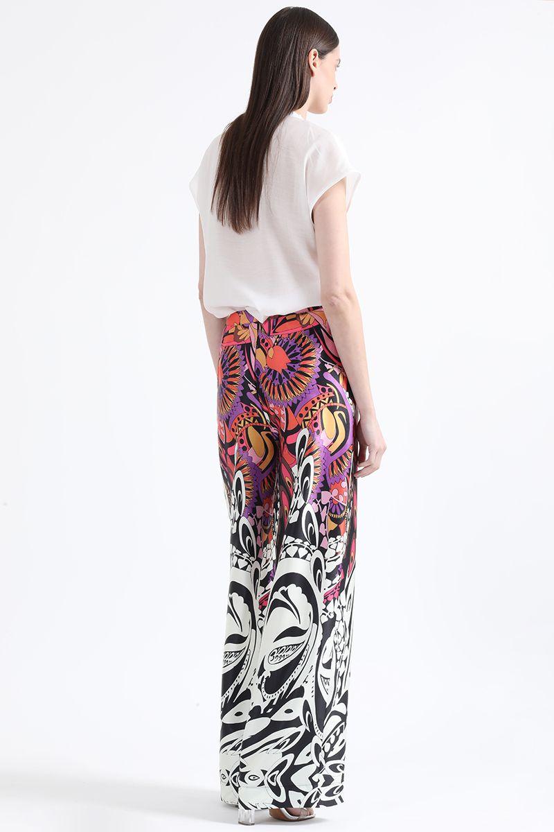 Pantalon Ancho Satin Estampado, Tiro Alto, Negro Liola-4