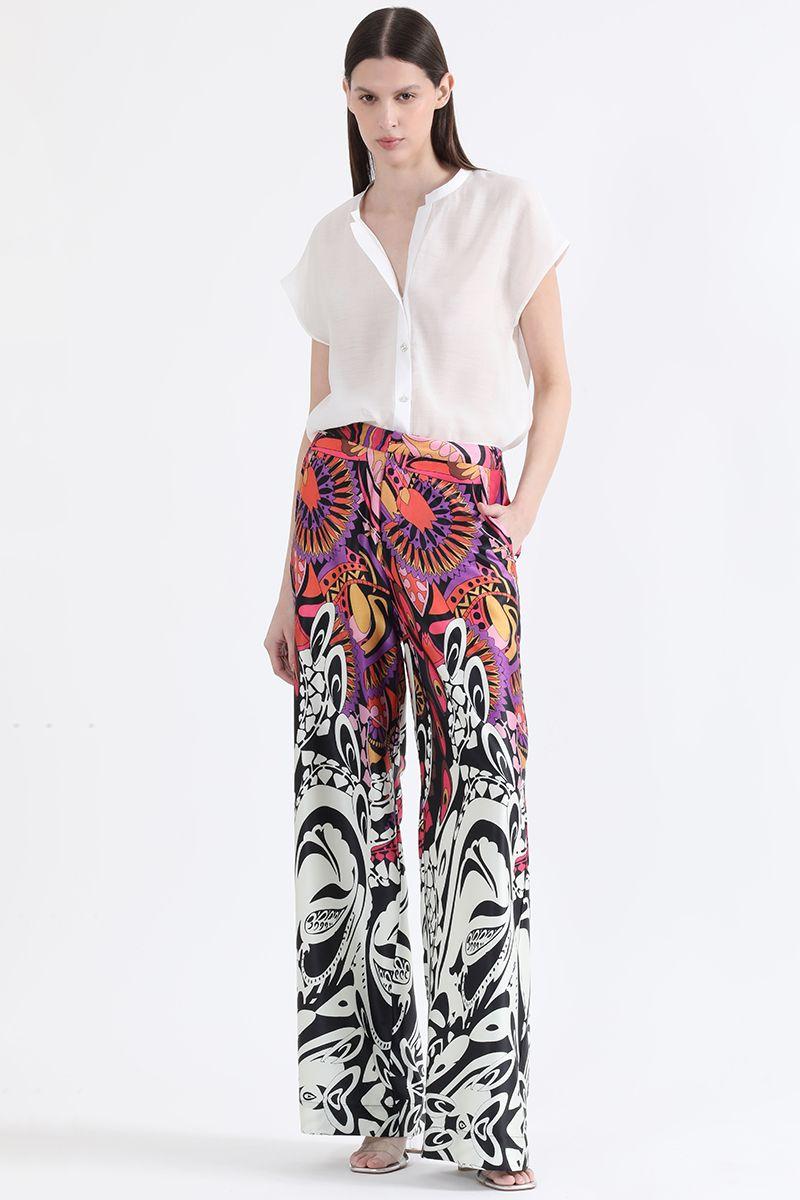 Pantalon Ancho Satin Estampado, Tiro Alto, Negro Liola-5