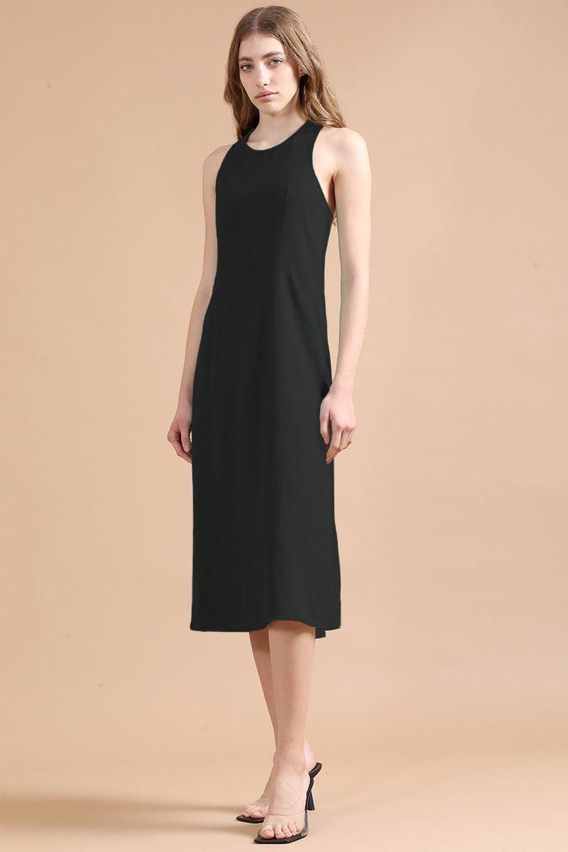 Vestido Midi Con Lino, Negro Liola-1