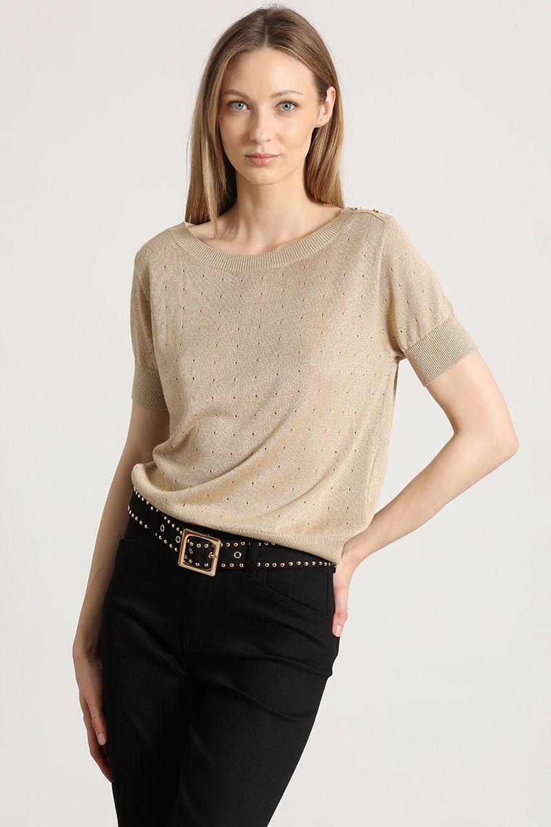 Polera tejida hilo metalizado liola mujer beige-0