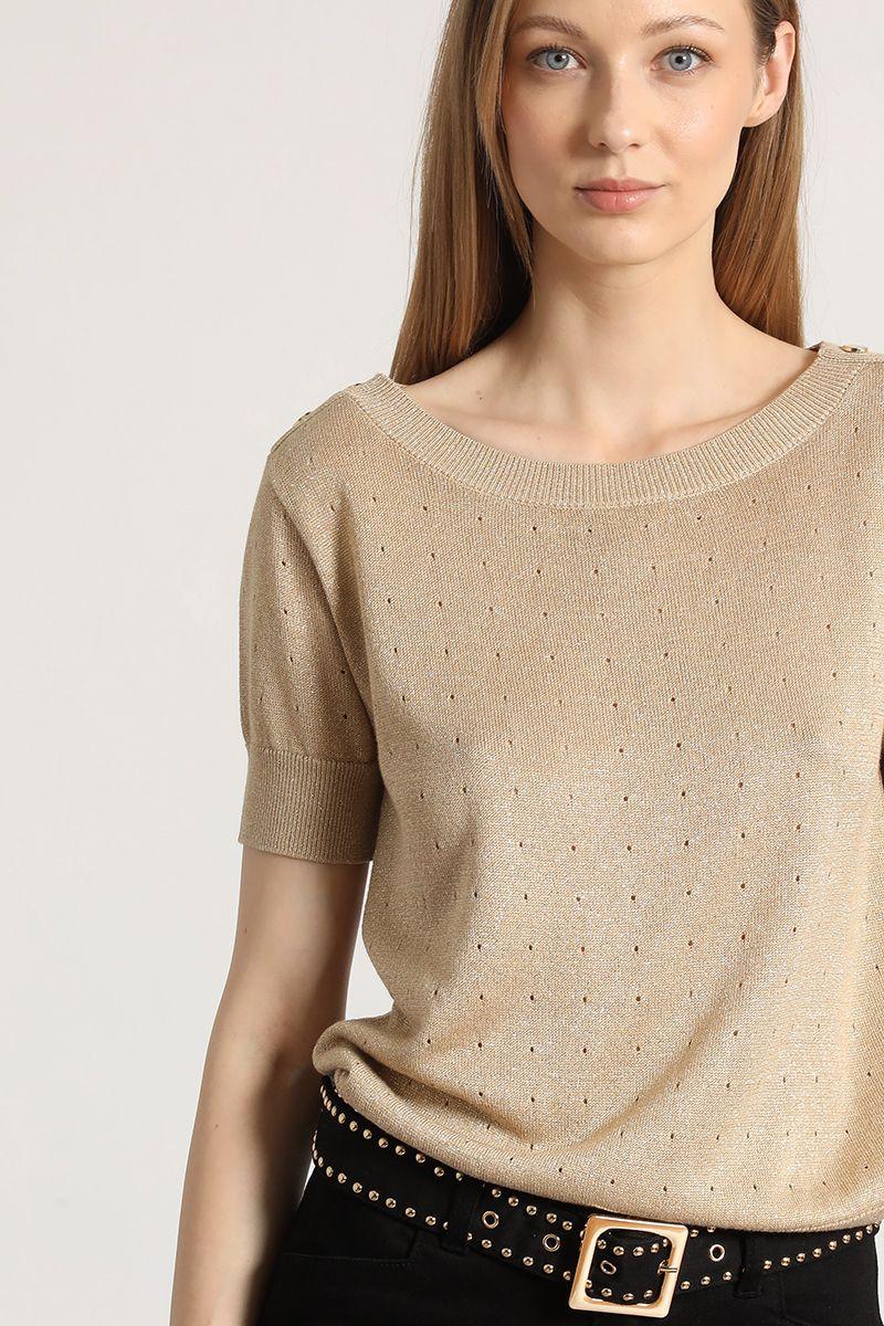 Polera tejida hilo metalizado liola mujer beige-1