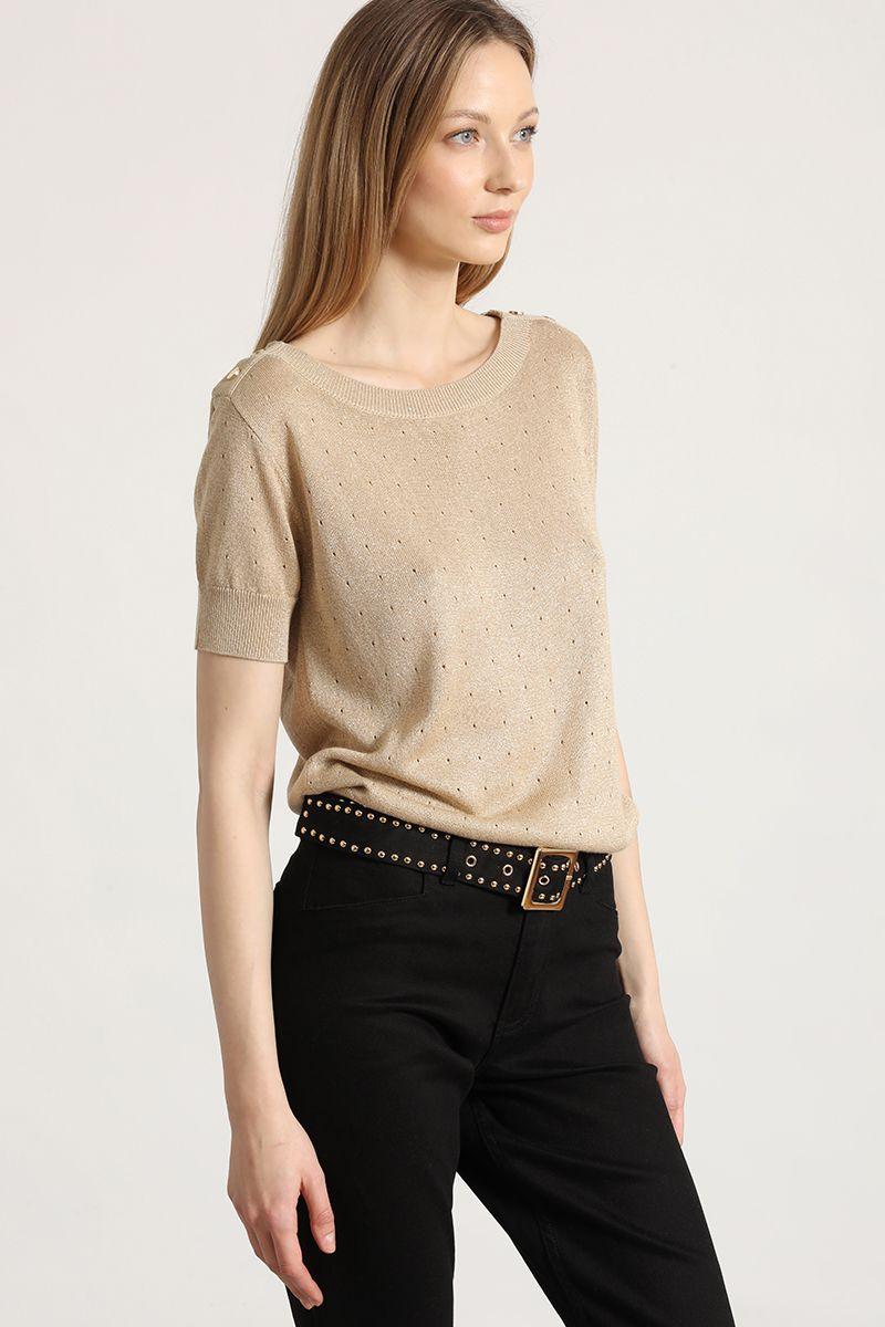 Polera tejida hilo metalizado liola mujer beige-3