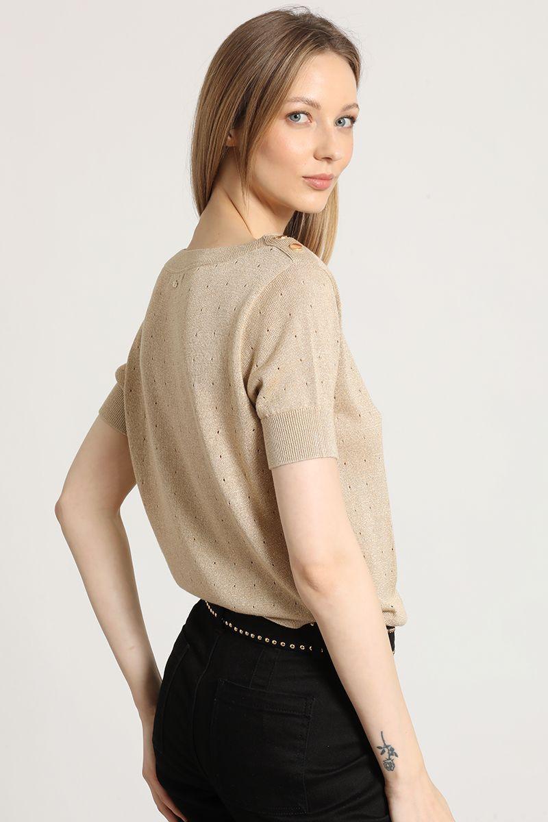 Polera tejida hilo metalizado liola mujer beige-4
