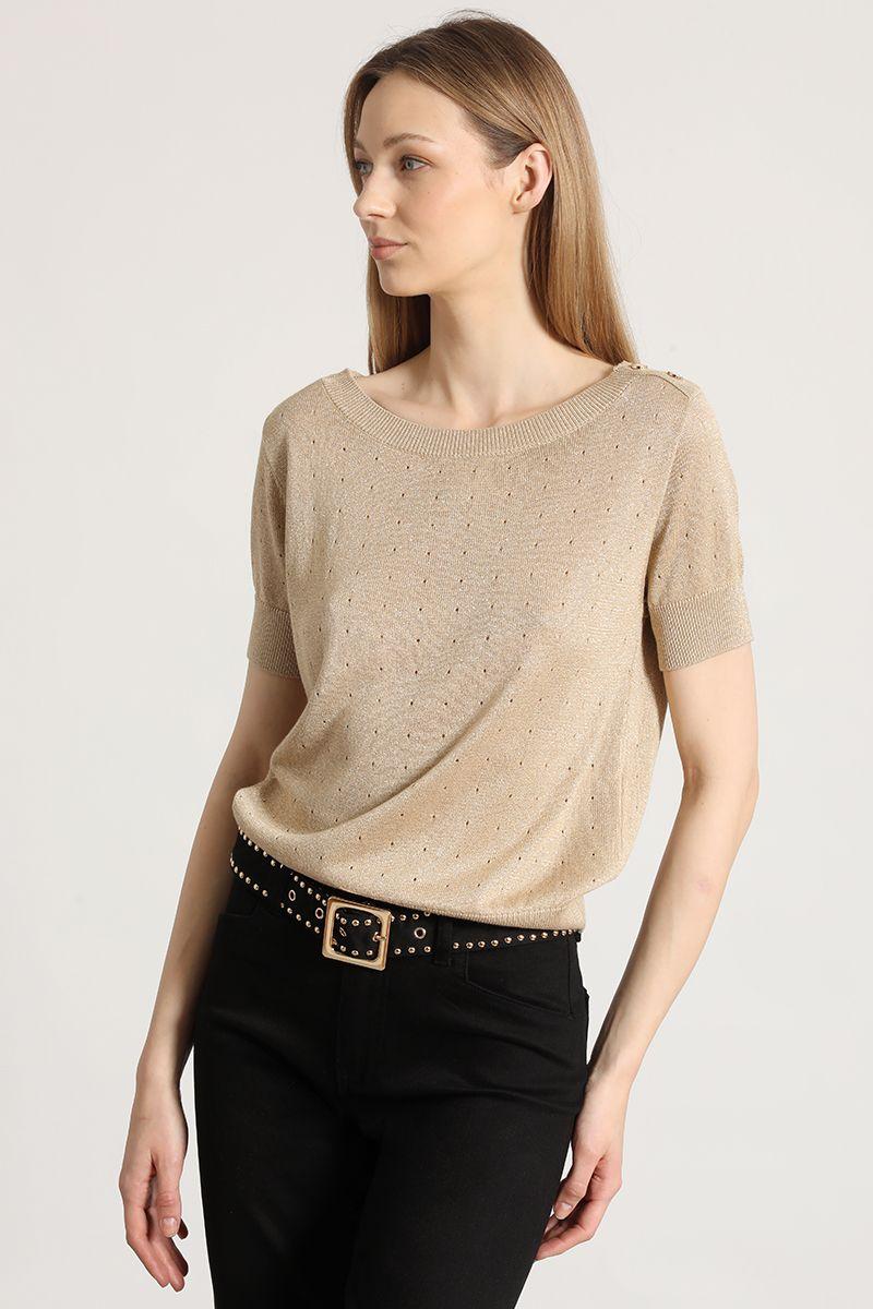 Polera tejida hilo metalizado liola mujer beige-5
