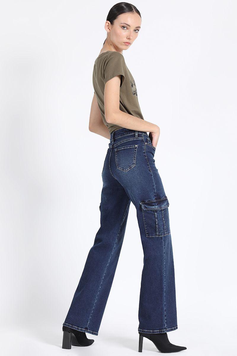 Jeans Straight Cargo, Tiro Medio, Azul Liola-2