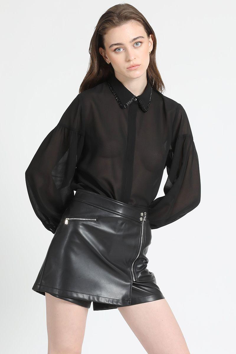 Falda Short Efecto Cuero, Negro Liola-0