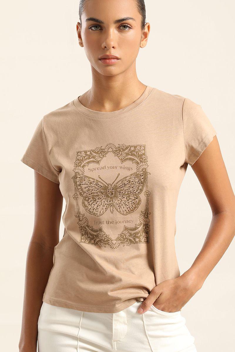 Polera Algodon Con Estampado, Camel Liola-2