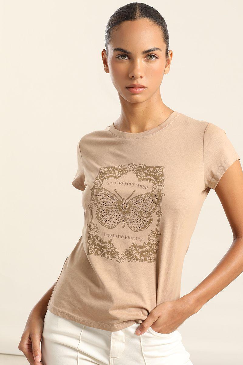 Polera Algodon Con Estampado, Camel Liola-4