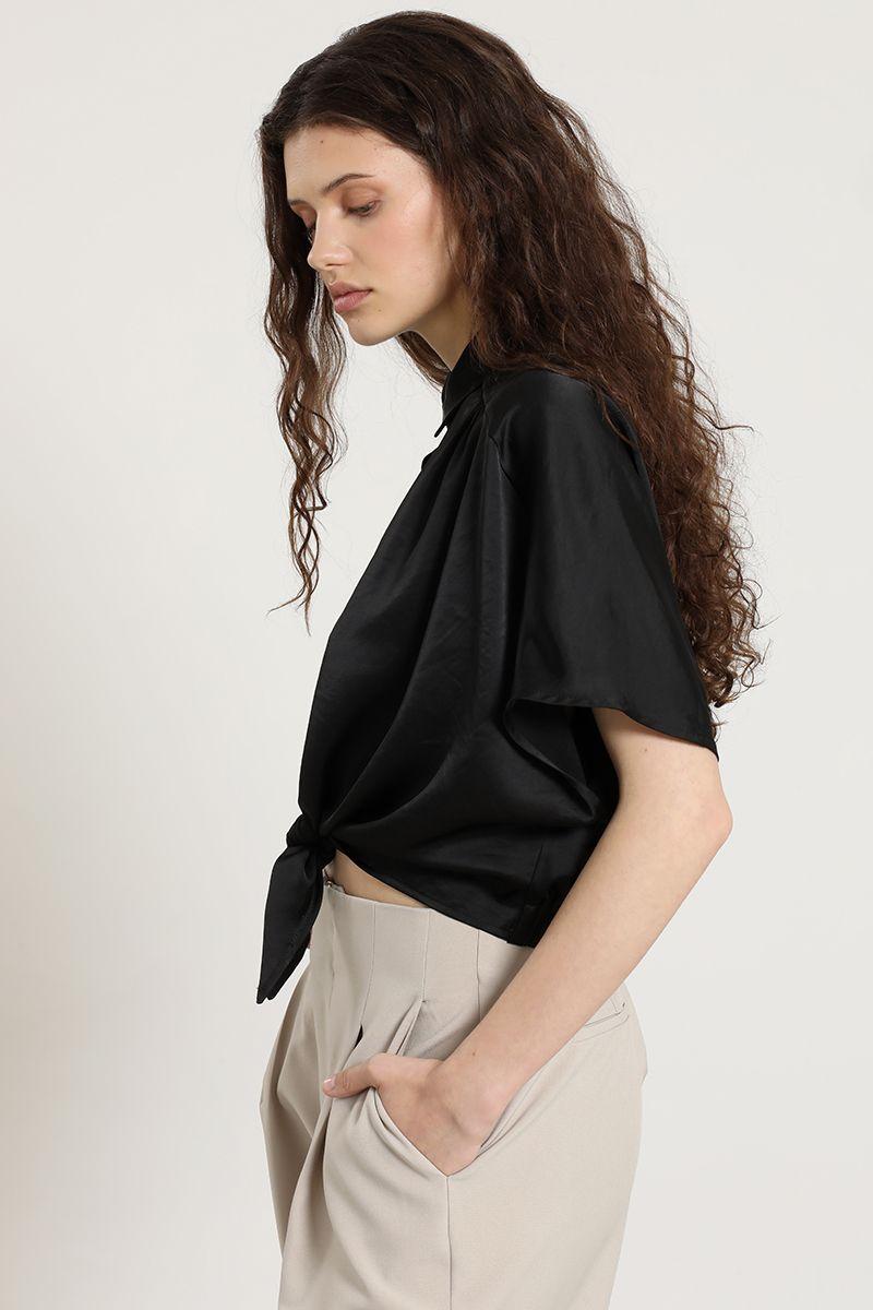 Blusa satin, amarre cintura, negro Liola-3