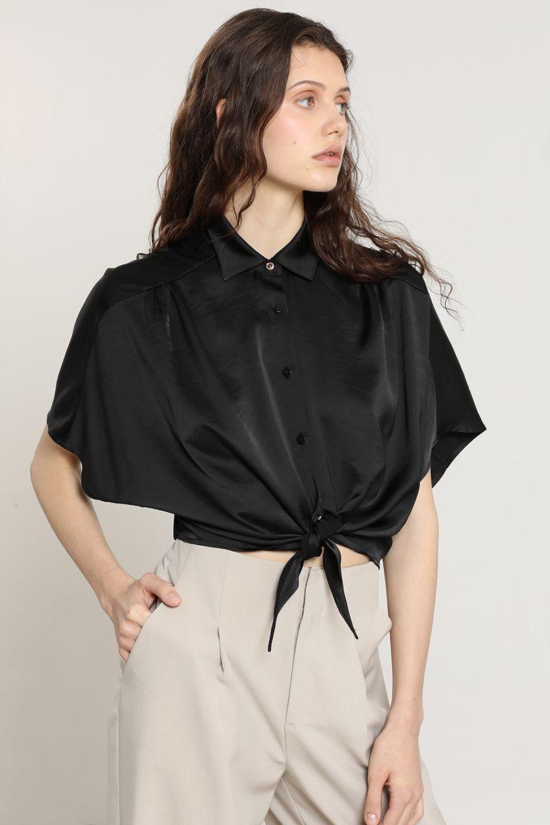 Blusa satin, amarre cintura, negro Liola-6