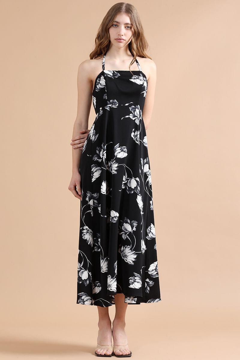 Vestido Largo Halter Estampado, Negro Liola-0