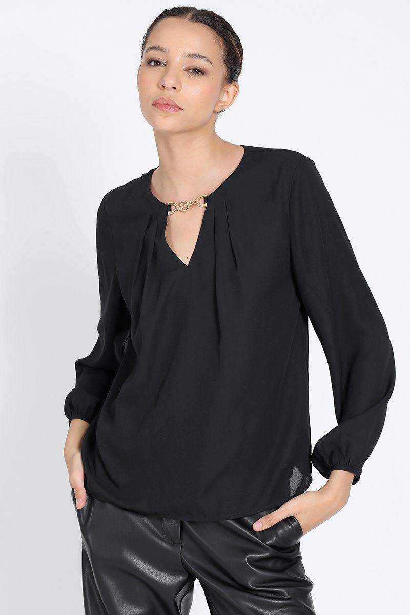 Blusa Gasa Doble Aplicación Metalica, Negro Liola-4