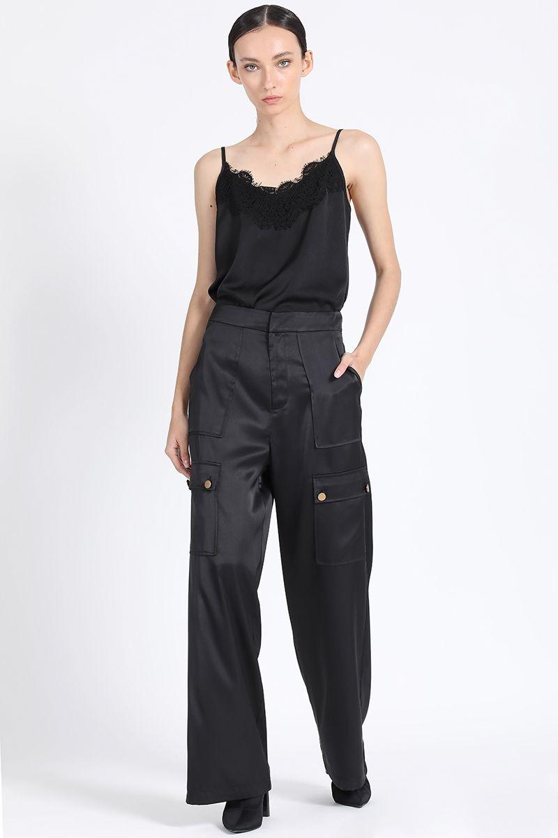 Pantalon  Ancho Satin Cargo, Negro Liola-0