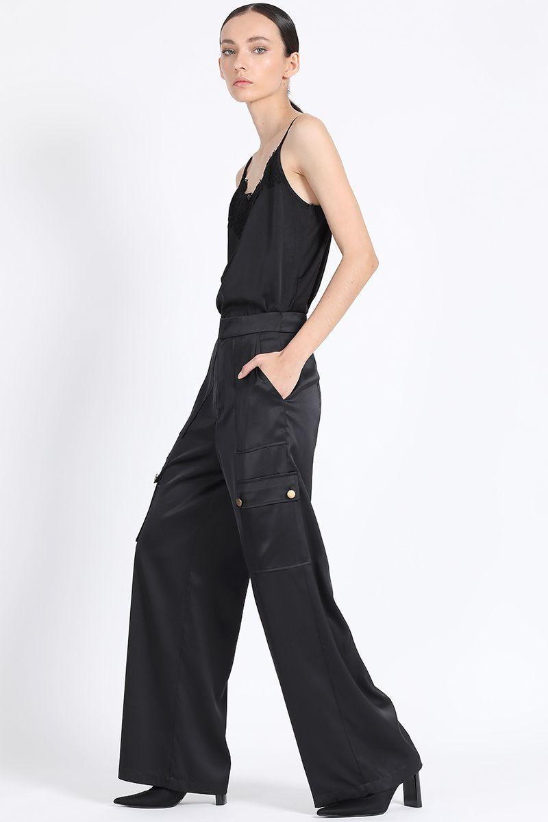 Pantalon  Ancho Satin Cargo, Negro Liola-2