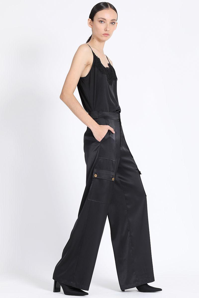 Pantalon  Ancho Satin Cargo, Negro Liola-4