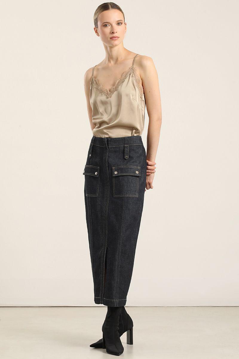 Falda Midi, Cintura Alta, Indigo Liola-2