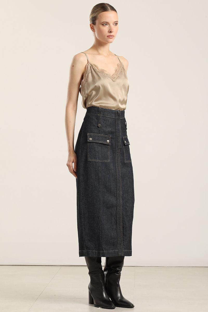 Falda Midi, Cintura Alta, Indigo Liola-3