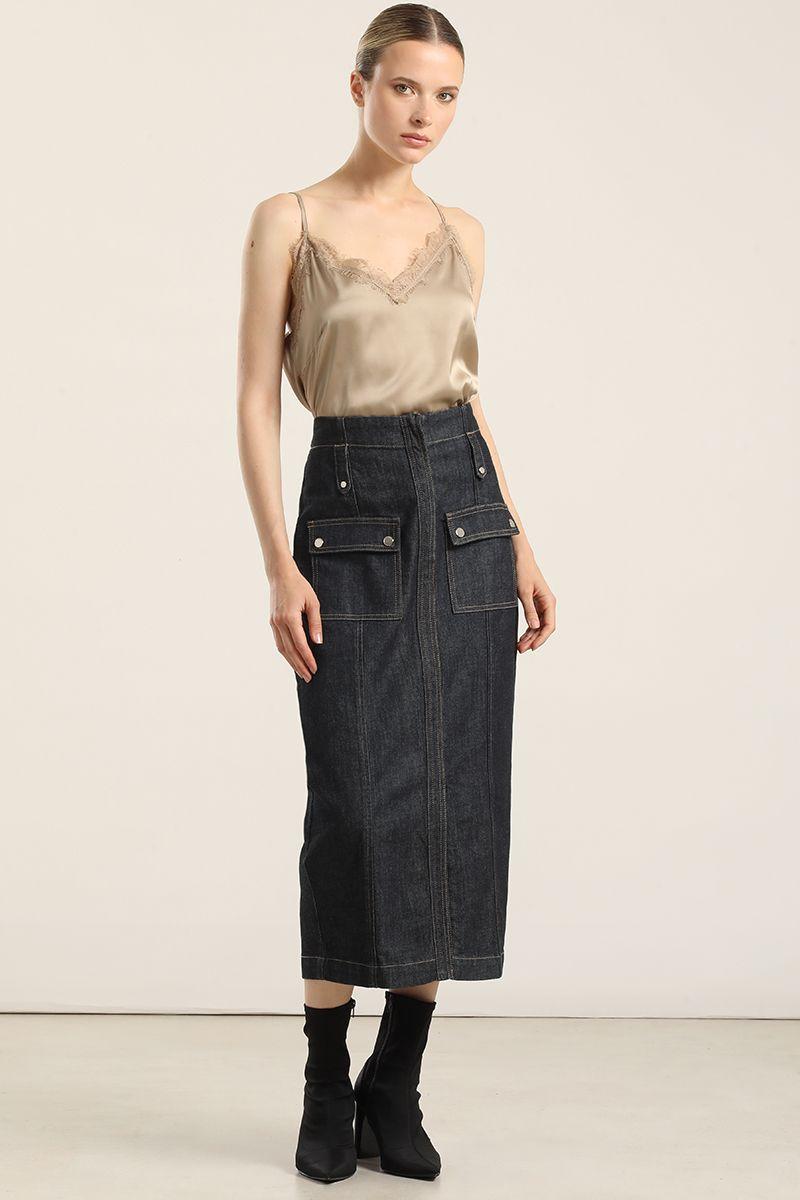Falda Midi, Cintura Alta, Indigo Liola-4
