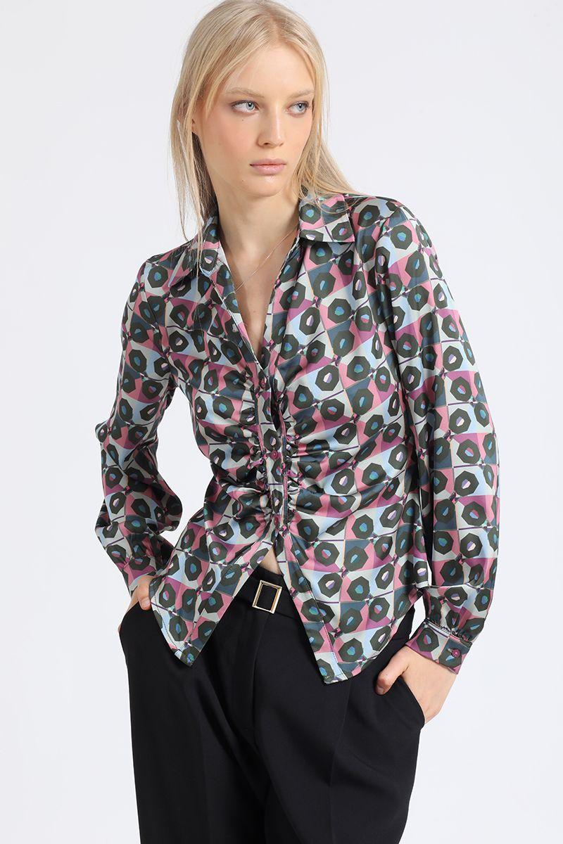 Blusa Satin Estampado Retro, Recogido, Rosa Liola-3