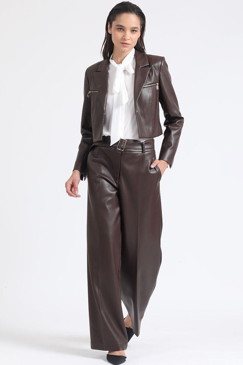 Blazer Crop Efecto Cuero Con Cierres, Chocolate Liola-1