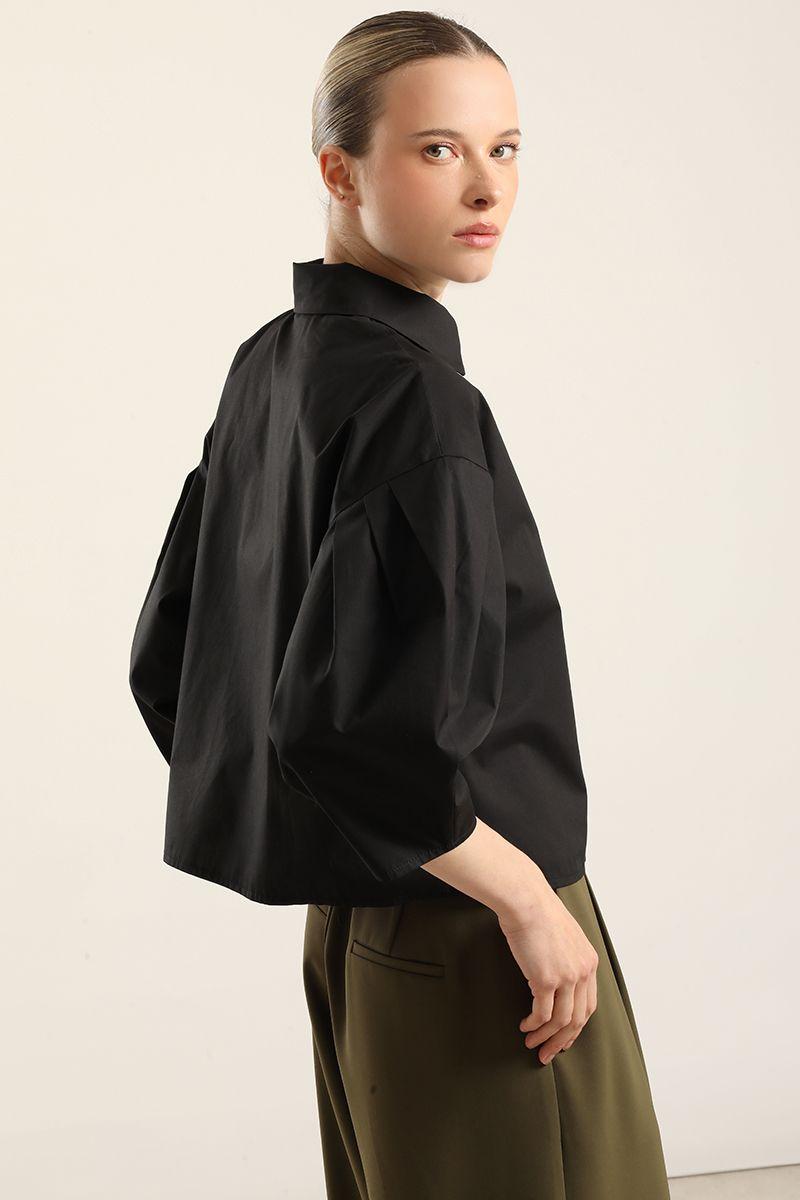 Blusa poplin, pliegues, negro Liola-2