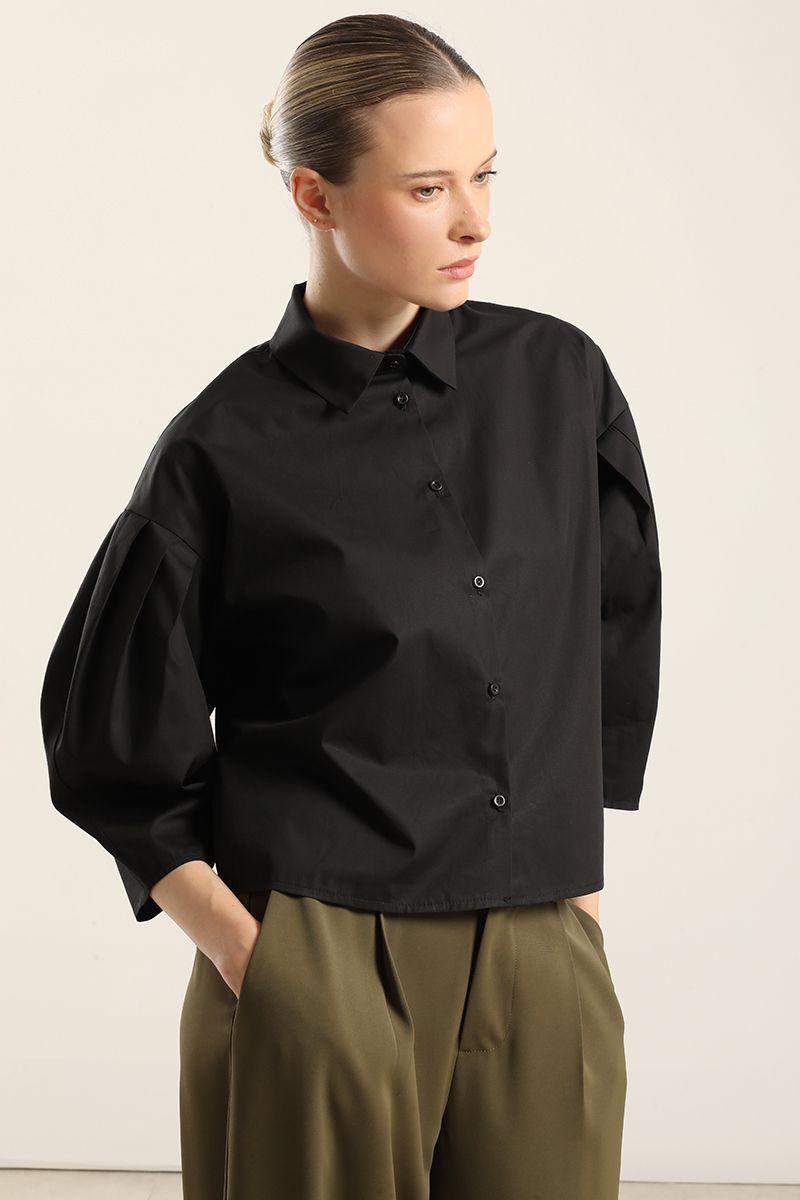 Blusa poplin, pliegues, negro Liola-3