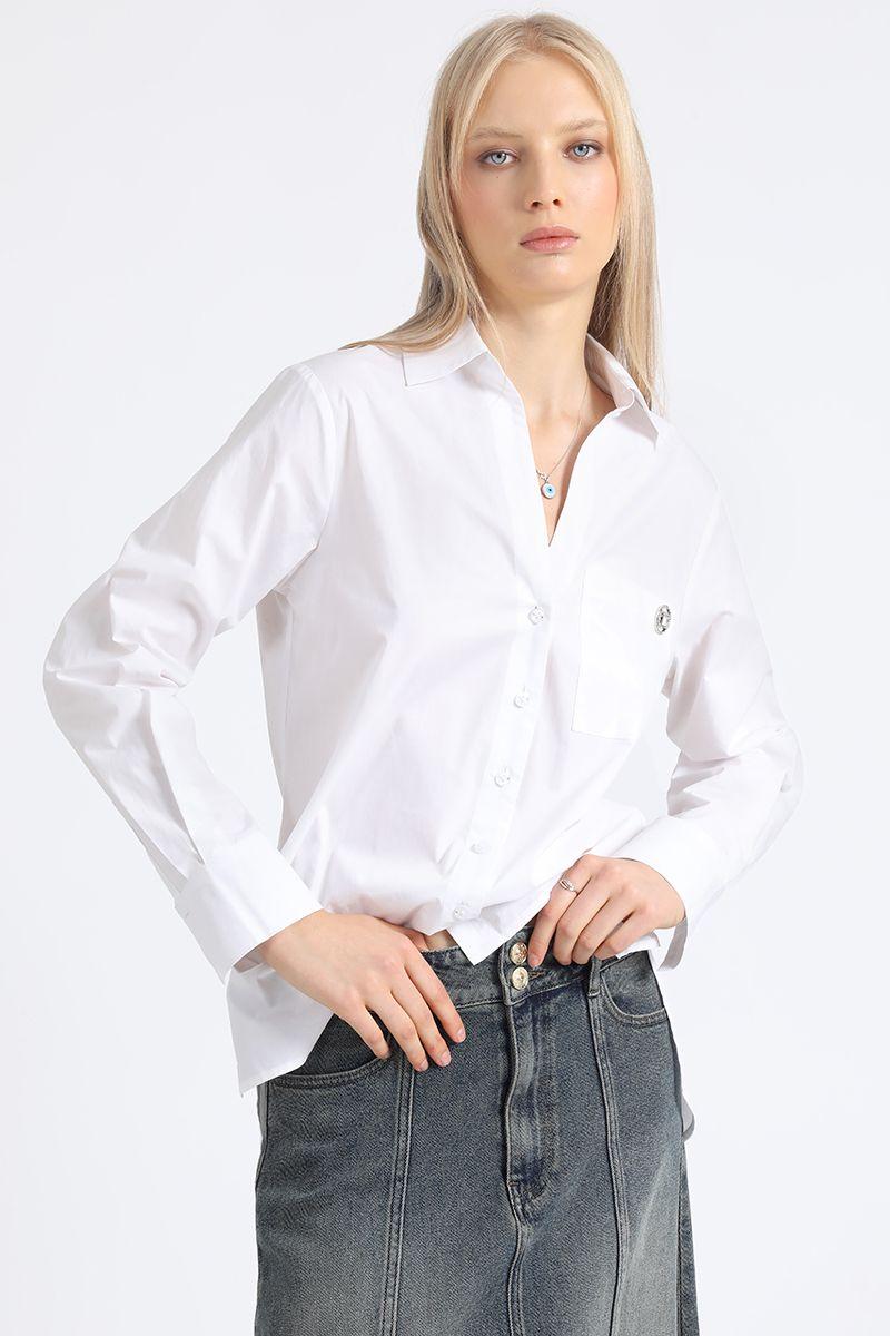 Camisa Recta Algodón Poplin, Crudo Liola-3