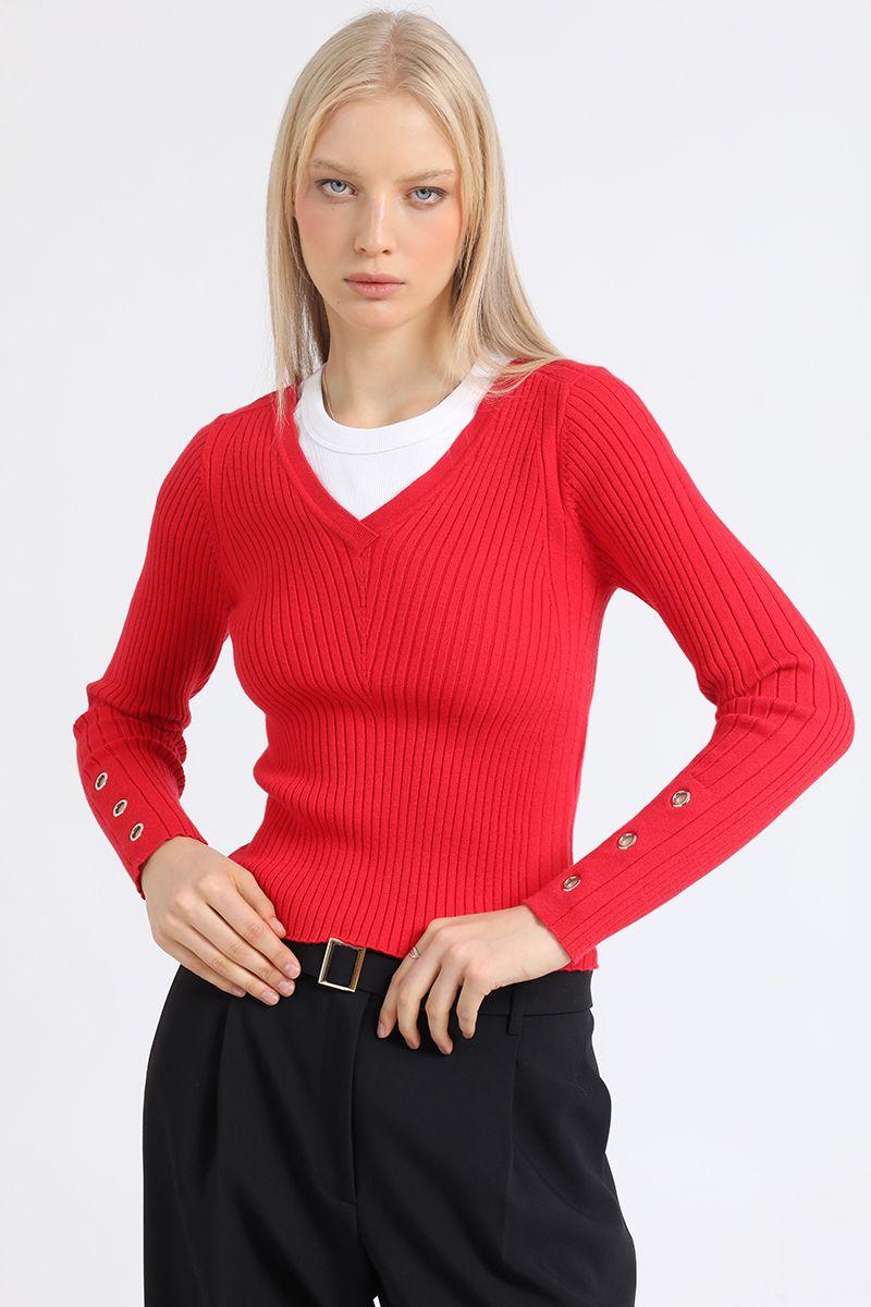 Sweater Tejido Punto, Boton Decorativo, Rojo Liola-0