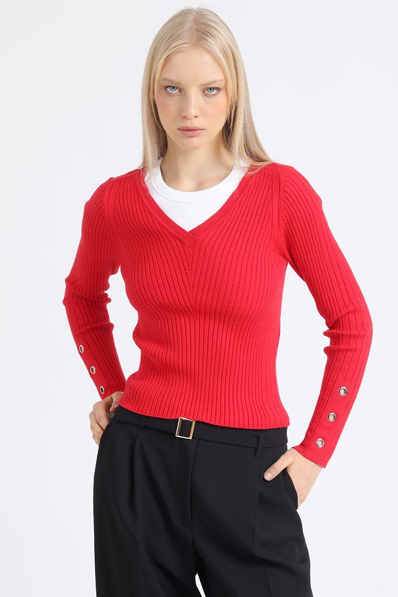 Sweater Tejido Punto, Boton Decorativo, Rojo Liola-2