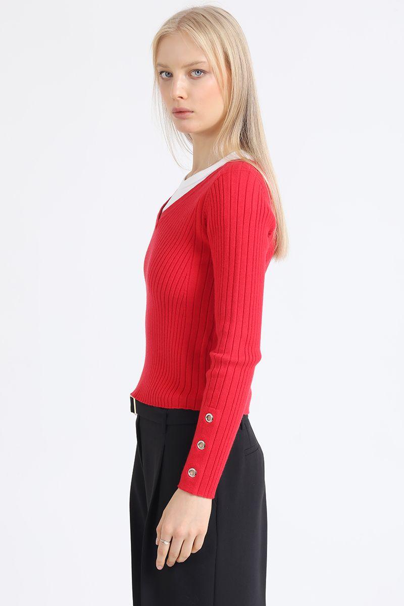 Sweater Tejido Punto, Boton Decorativo, Rojo Liola-3