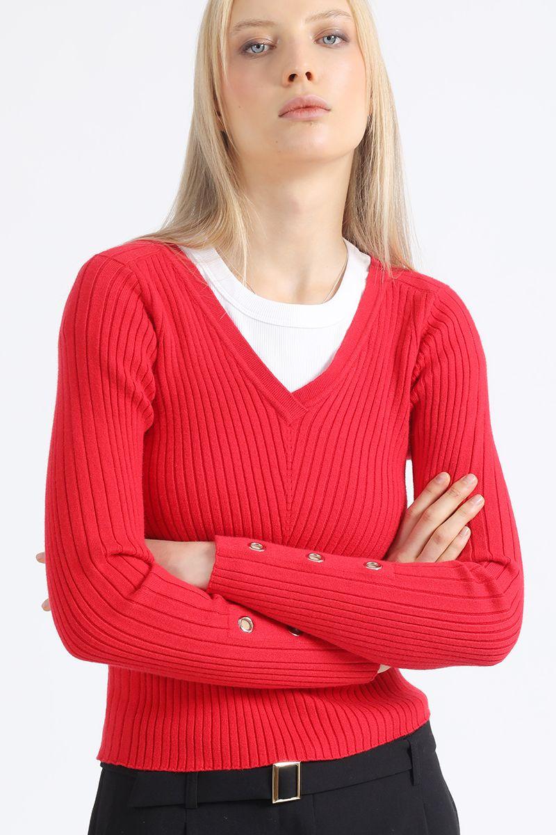 Sweater Tejido Punto, Boton Decorativo, Rojo Liola-4