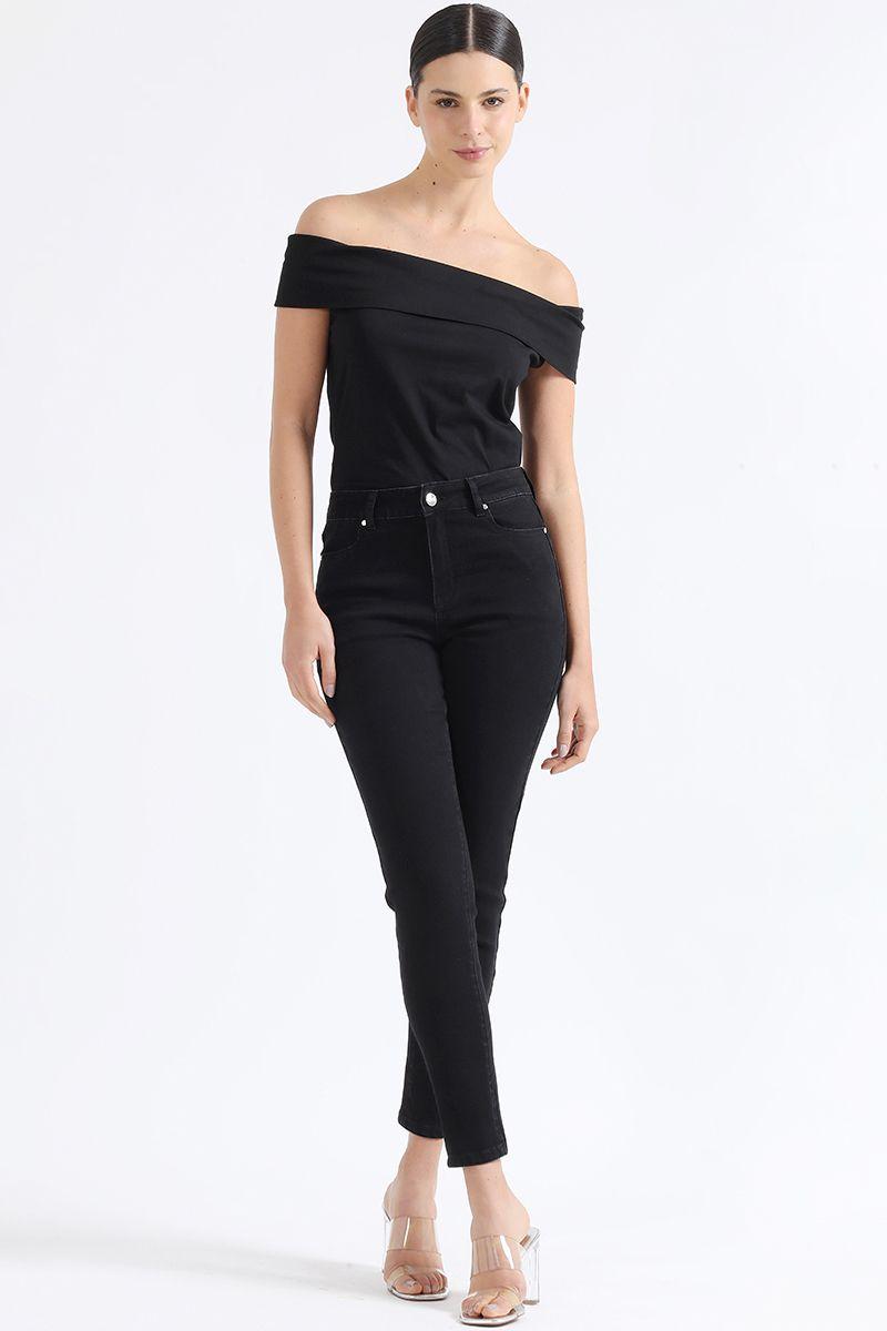 Jeans Color Skinny, Bordado, Tiro Medio, Negro Liola-5