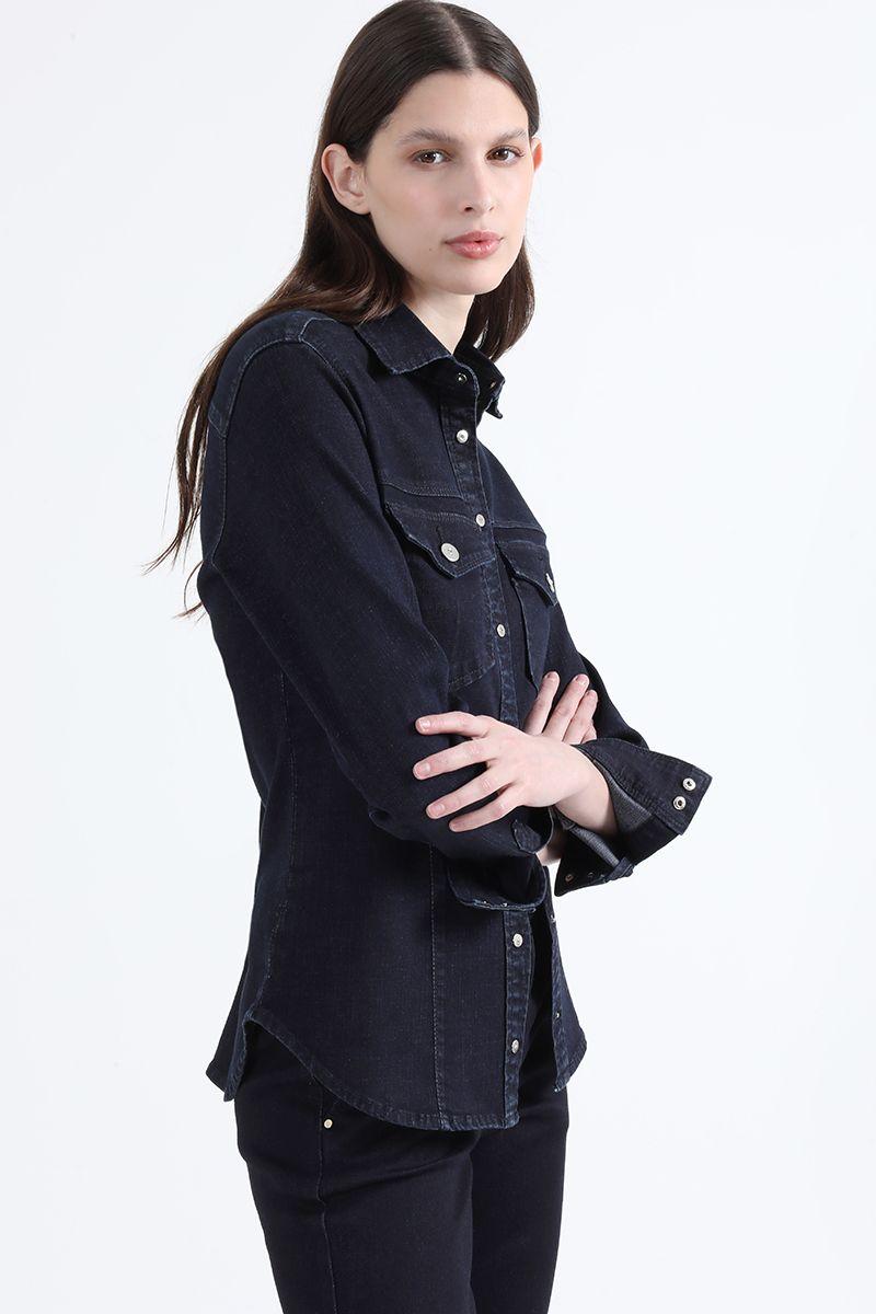 Camisa Denim Entallada, Broches Strass, Indigo Liola-1