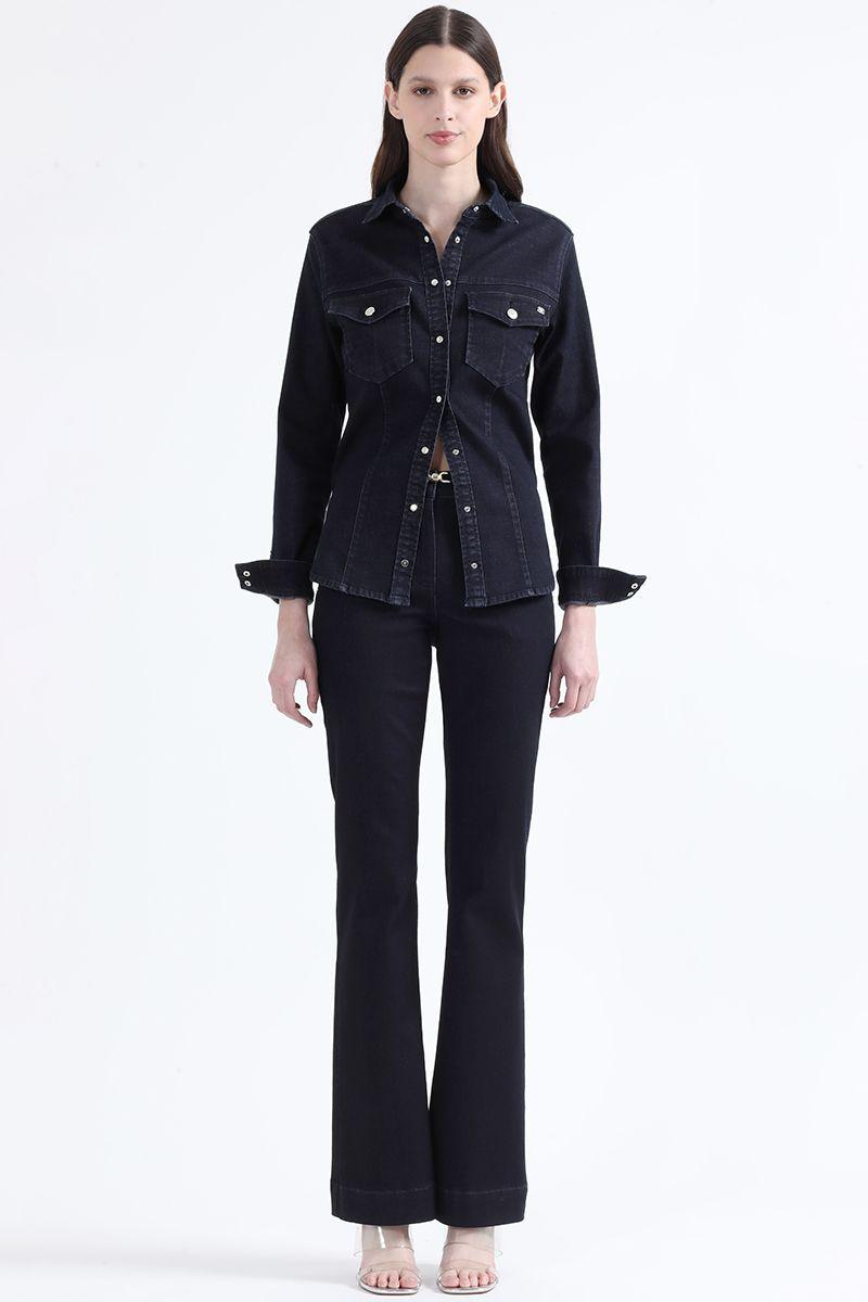 Camisa Denim Entallada, Broches Strass, Indigo Liola-3