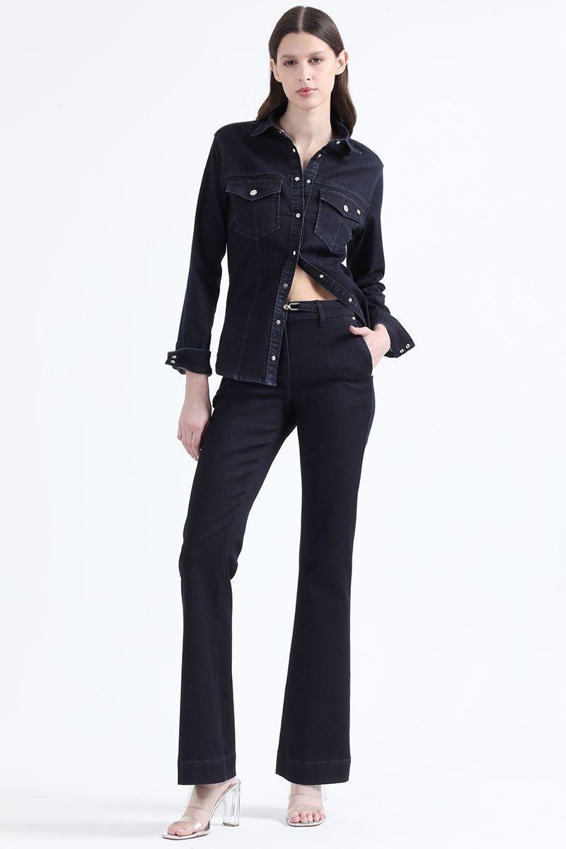 Camisa Denim Entallada, Broches Strass, Indigo Liola-4