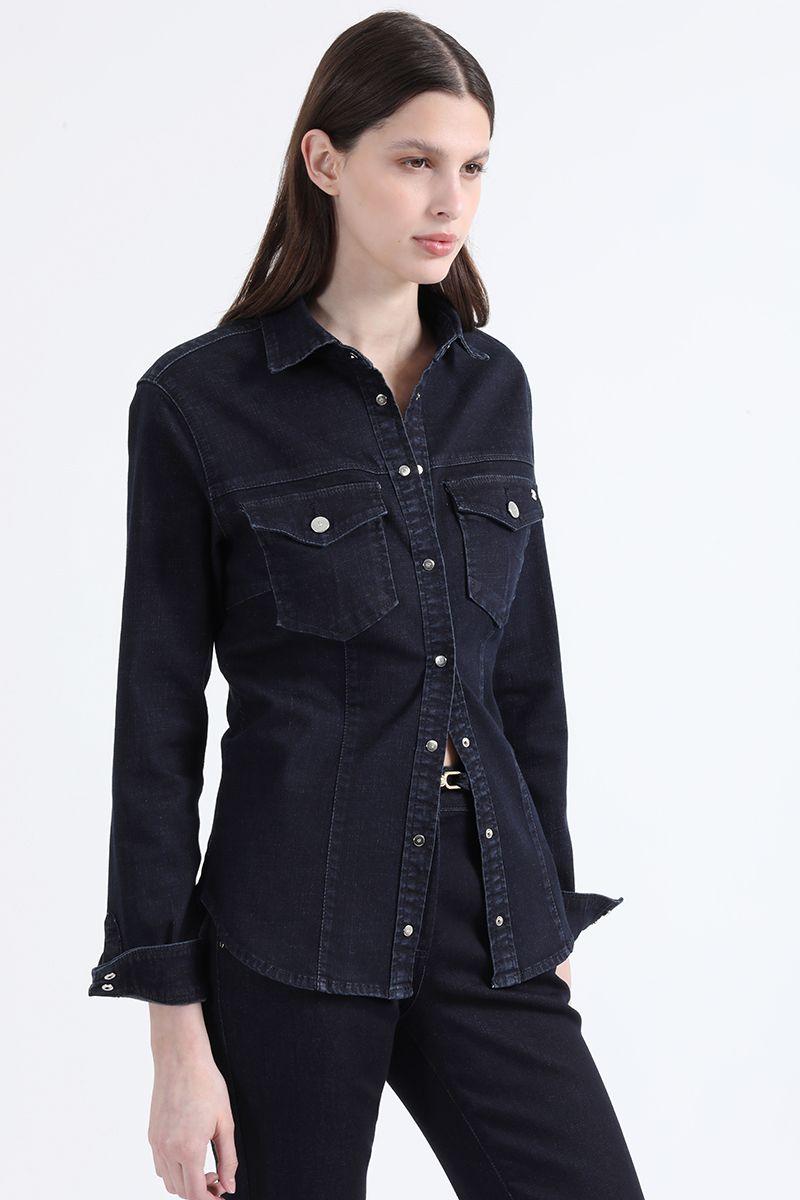 Camisa Denim Entallada, Broches Strass, Indigo Liola-0