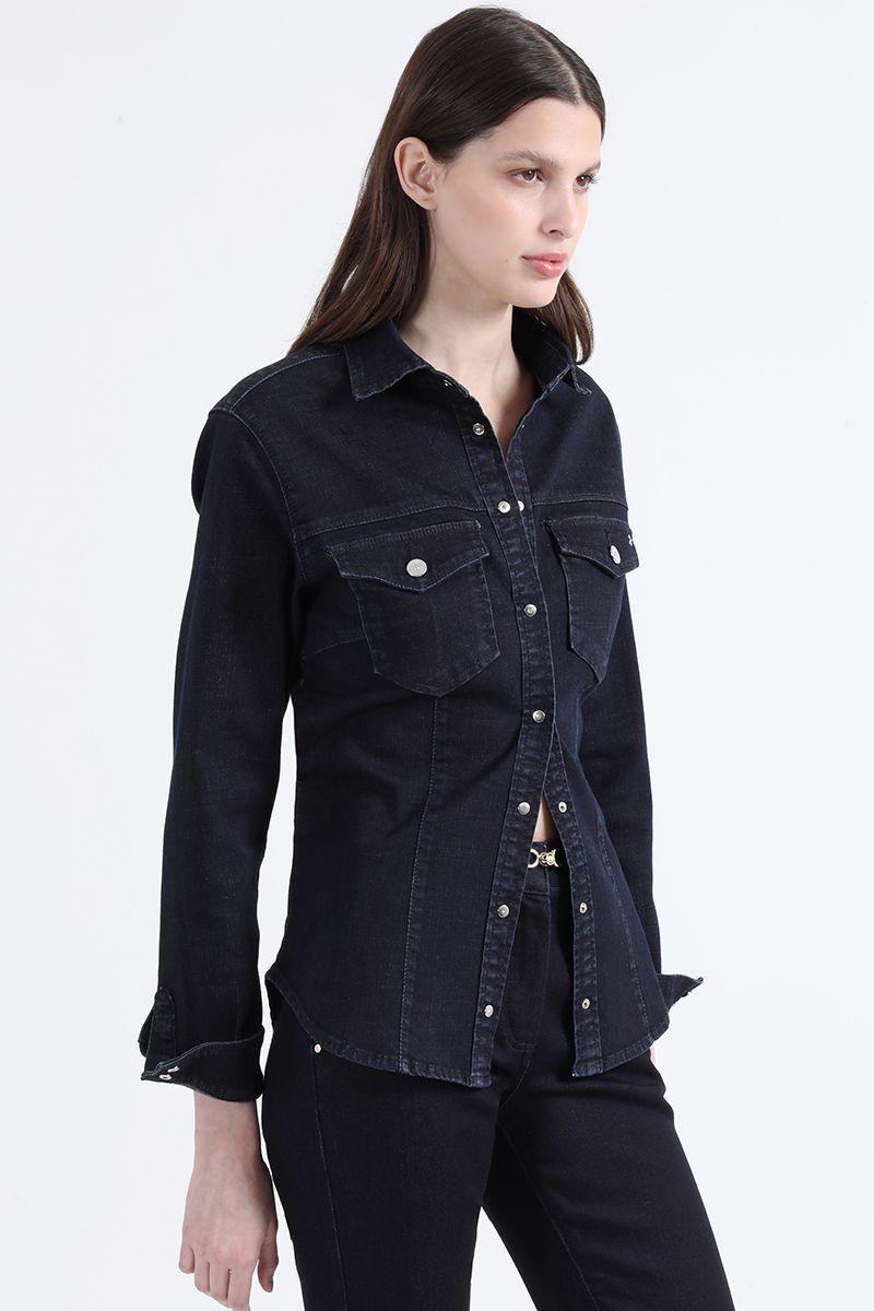 Camisa Denim Entallada, Broches Strass, Indigo Liola-2