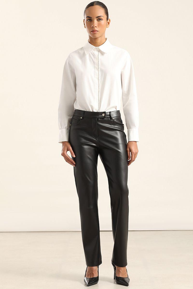 Pantalón slim, tiro medio, efecto cuero, negro Liola-0