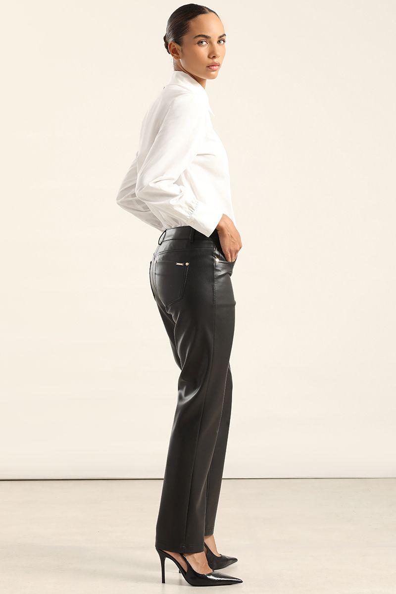 Pantalón slim, tiro medio, efecto cuero, negro Liola-2