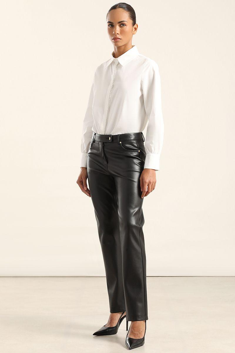 Pantalón slim, tiro medio, efecto cuero, negro Liola-3
